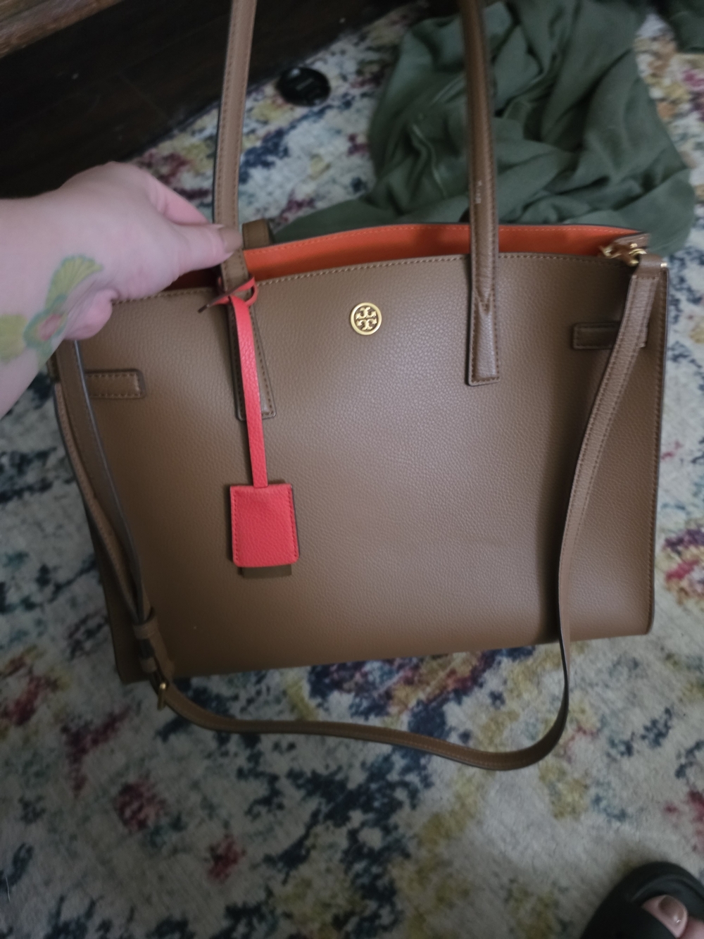 Tory Burch Brown Leather Tote with Orange Lining and Red Tag